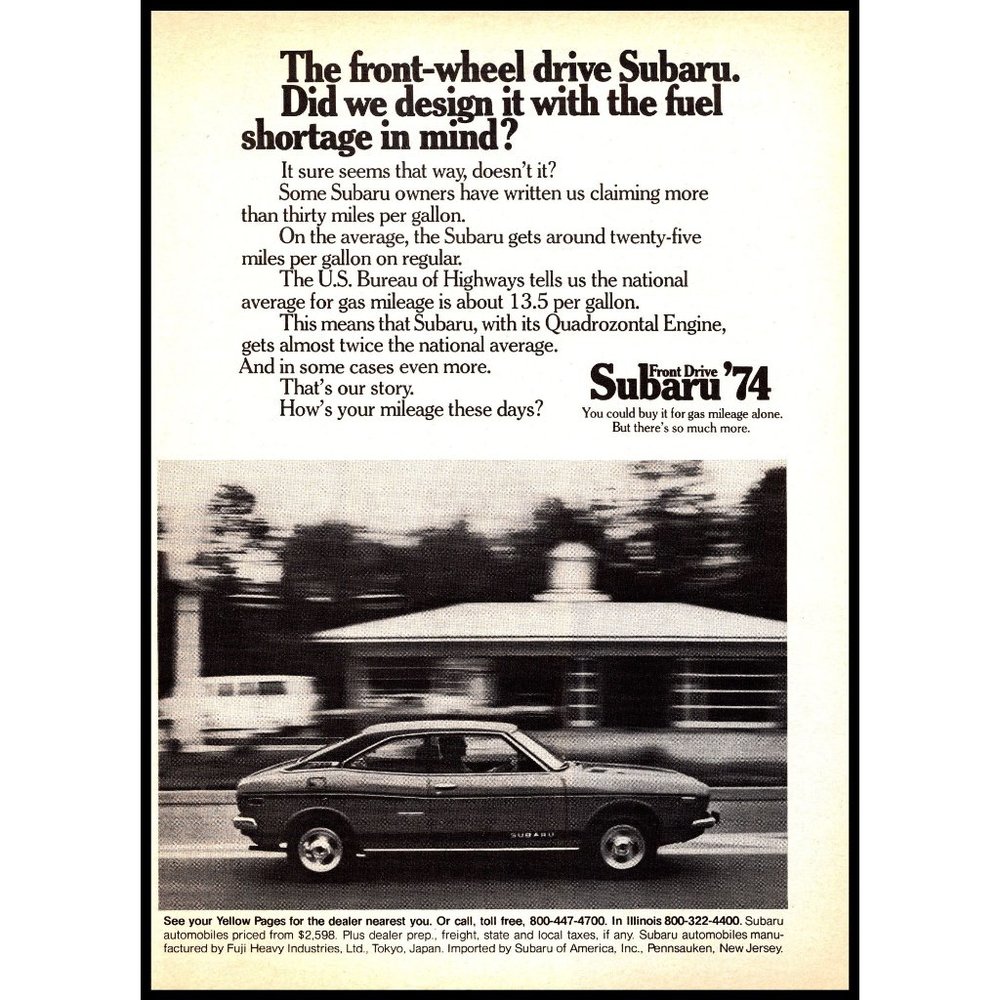1974 Subaru 1400 GL Coupe Vintage Print Ad Gas Station Blur Wall Art Photo